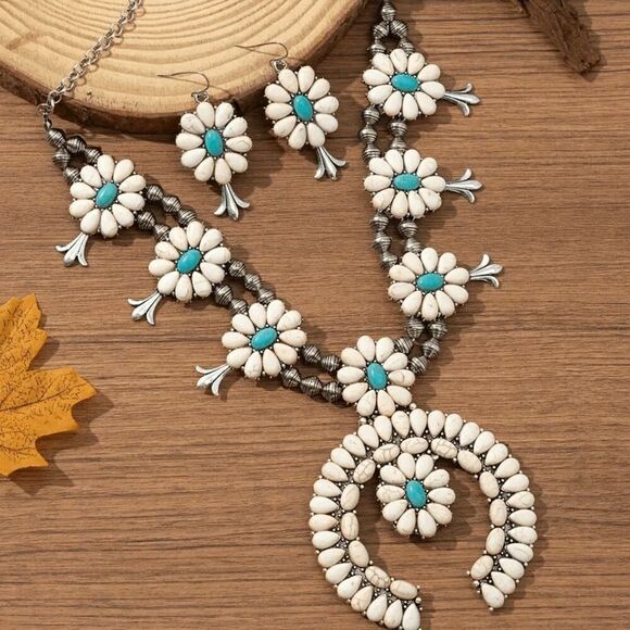 Silver Turquoise Western Squash Blossom Necklace & Earring Set - Picture 2 of 6
